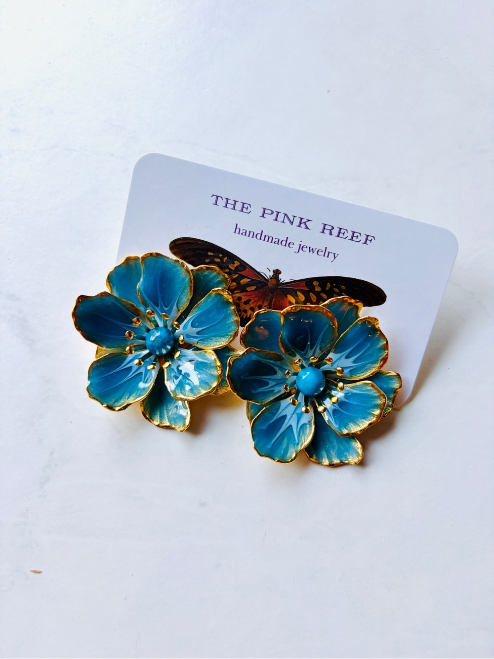 NWT The Pink Reef Hand-Painted Flower Stud Earrings Blue - Picture 3 of 6